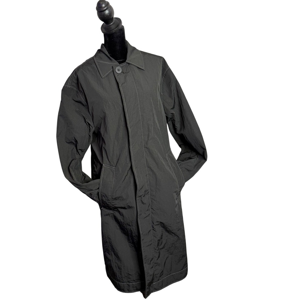 Zara Black Nylon Long Trench Coat Rain Wind Jacket Womens M Minimalist Crinkled‎